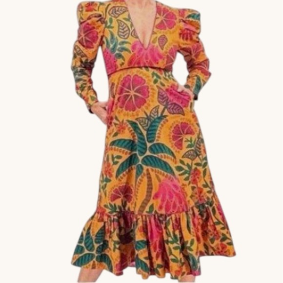FARM Rio Dresses & Skirts - NWT Farm RIO Yellow Orange Flowerdoscopic Midi Casual Maxi Dress (Size XS)